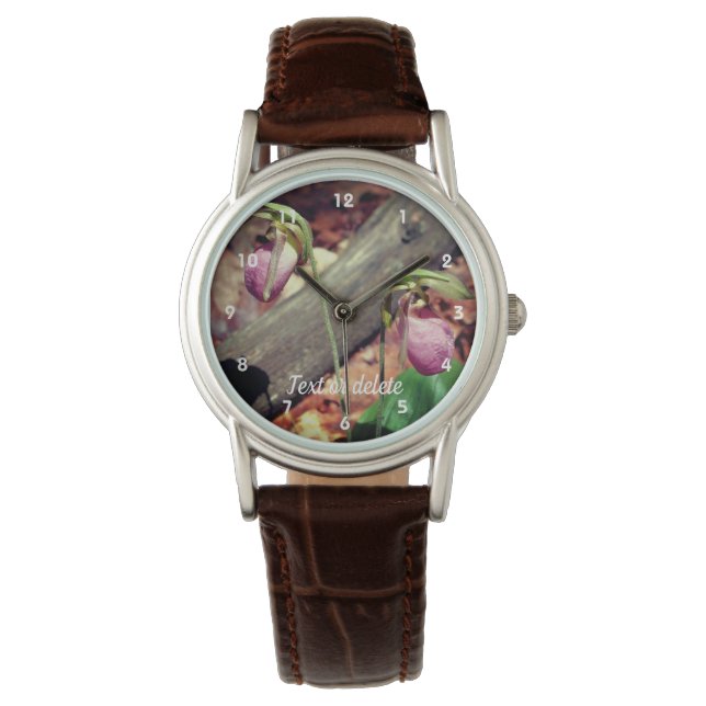 Woodland Pink Wild Lady Slipper Orchid Flowers  Watch (Front)