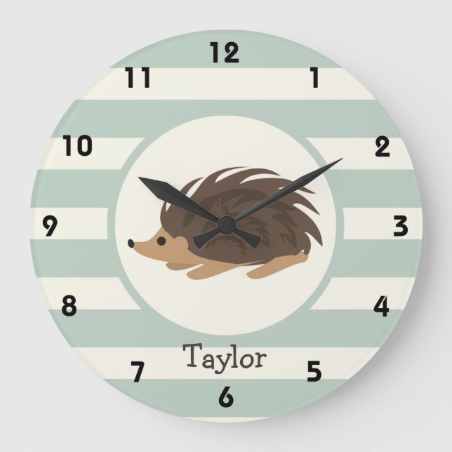 Woodland Porcupine, Hedgehog; Light Sage Green Large Clock (Front)