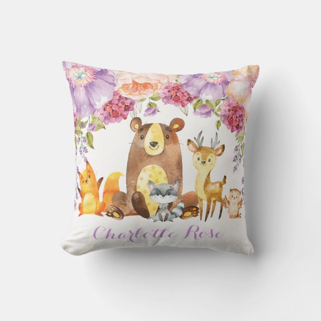 Woodland Purple Floral Baby Girl Nursery Decor Cushion (Front)