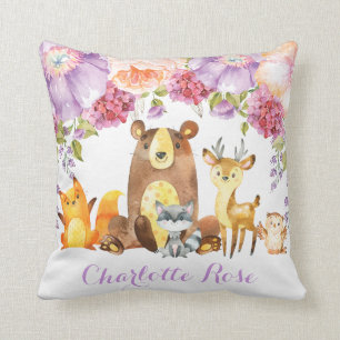 Woodland Purple Floral Baby Girl Nursery Decor Cushion