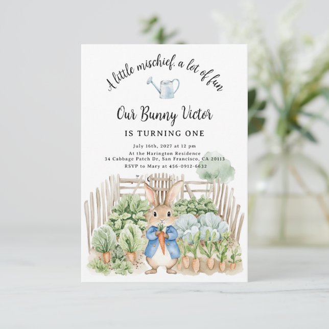 Woodland Rabbit Veggie Garden Party First Birthday Invitation (Standing Front)