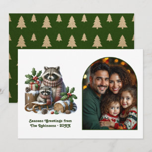 Woodland Raccoon Family Cozy Forest Christmas Holiday Card