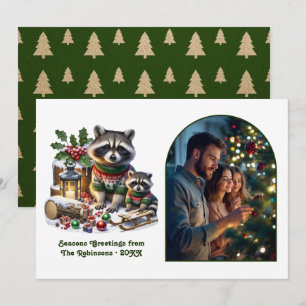 Woodland Raccoon Family Rustic Forest Christmas Holiday Card