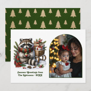 Woodland Raccoon Seasons Greeting Rustic Christmas Holiday Card