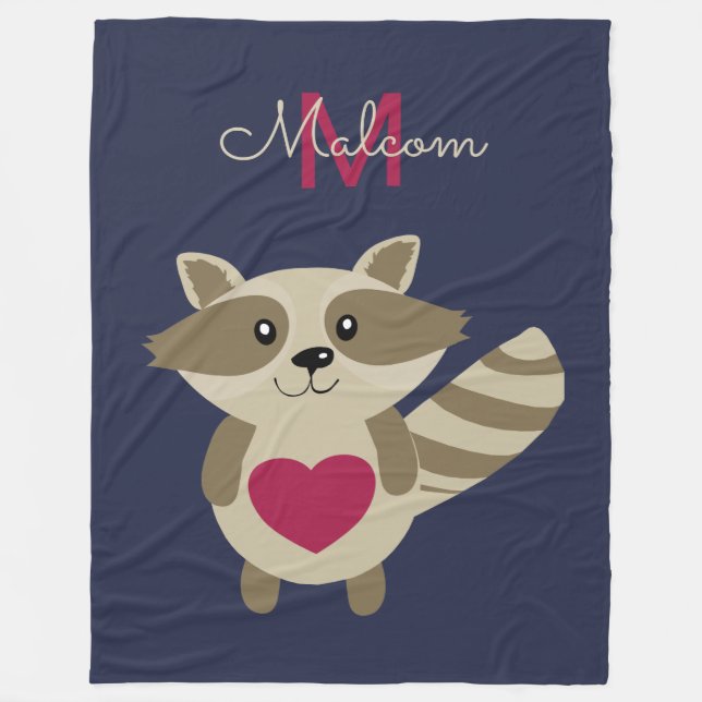 Woodland Racoon Adorable Monogrammed Personalised Fleece Blanket (Front)