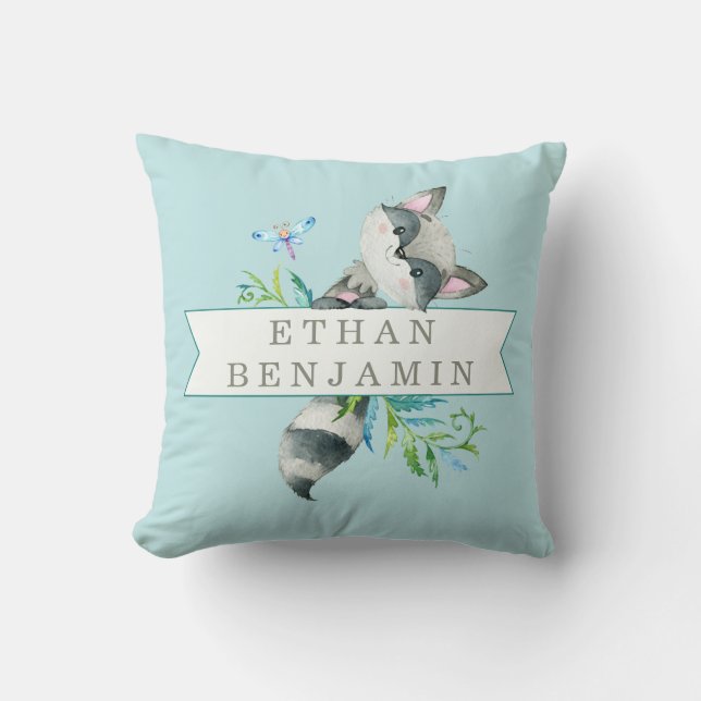 Woodland Racoon Aqua Personalised Cushion (Front)