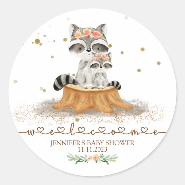 Woodland Racoon Baby Shower Welcome Classic Round Sticker (Front)