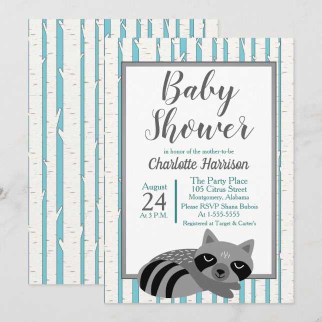 Woodland Racoon & Birch Trees Baby Shower Invitation (Front/Back)