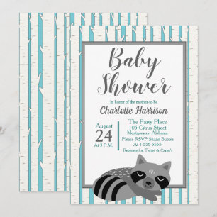 Woodland Racoon & Birch Trees Baby Shower Invitation