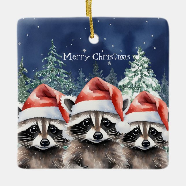 Woodland Racoon Christmas Ceramic Ornament (Front)