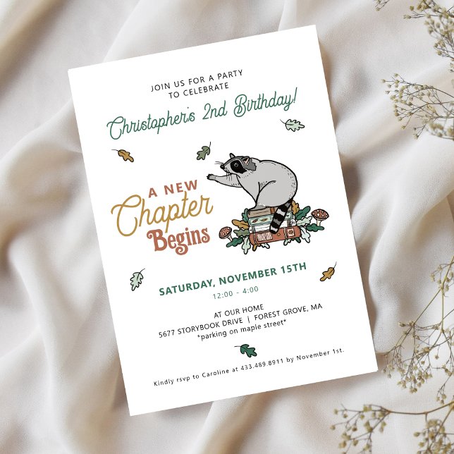 Woodland Racoon Fall Book Themed 2nd Birthday Invitation (Creator Uploaded)