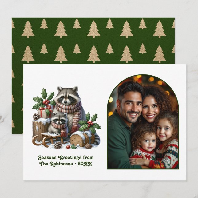 Woodland Racoon Family Cosy Forest Christmas Holiday Card (Front/Back)