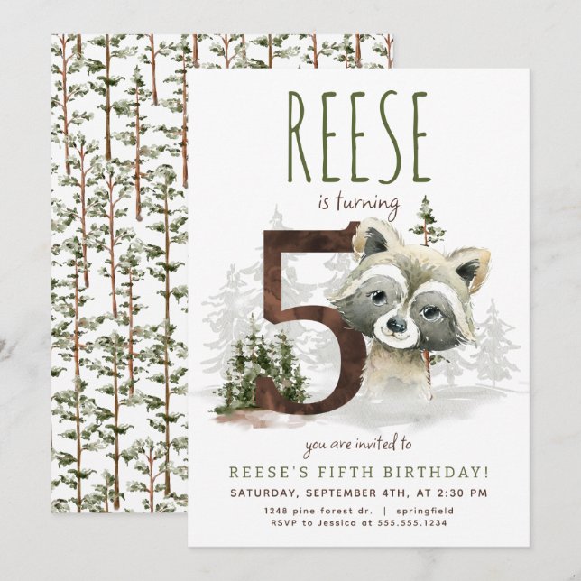 Woodland Racoon Fifth Birthday Invitation (Front/Back)