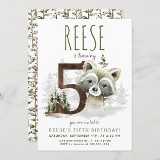 Woodland Racoon Fifth Birthday Invitation