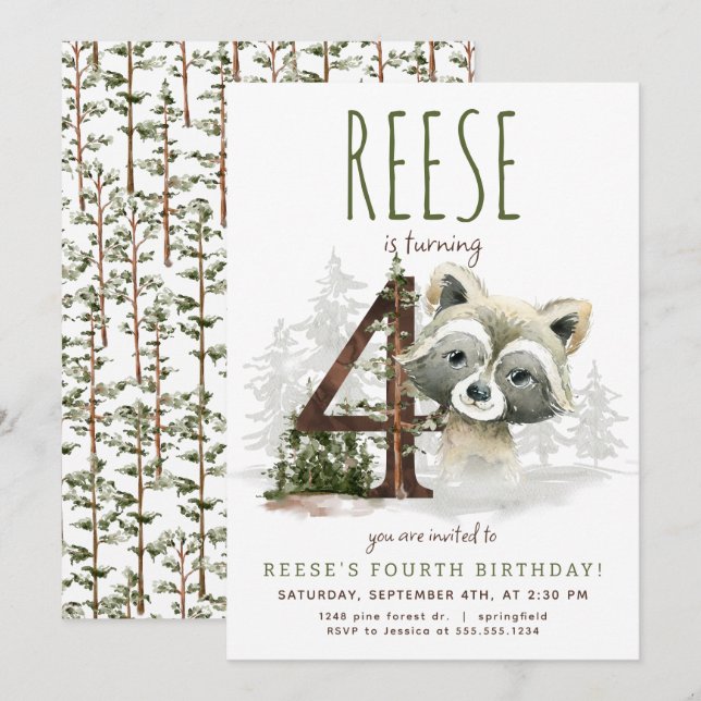 Woodland Racoon Fourth Birthday Invitation (Front/Back)