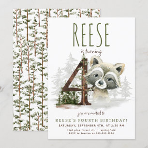 Woodland Racoon Fourth Birthday Invitation