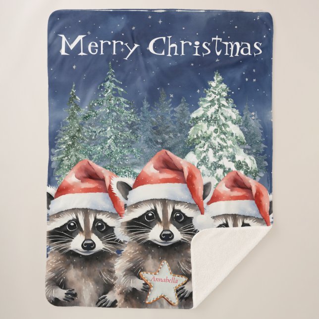 Woodland Racoon Merry Christmas Personalised Sherpa Blanket (Front)
