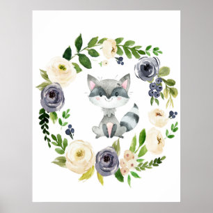 Woodland racoon navy floral nursery print