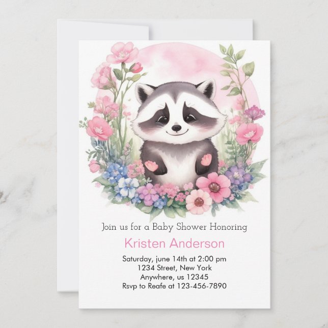 Woodland Racoon Pink Adventure Girl Baby Shower Invitation (Front)