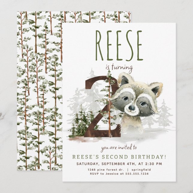 Woodland Racoon Second Birthday Invitation (Front/Back)