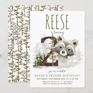Woodland Racoon Second Birthday Invitation