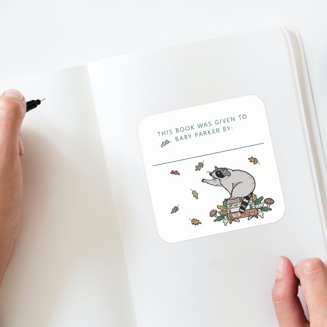 Woodland Racoon Storybook Baby Bookplates Square Sticker (Woodland Storybook Baby Shower Bookplate )