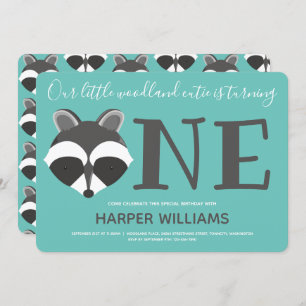 Woodland Racoon Teal Baby One First Birthday Invitation