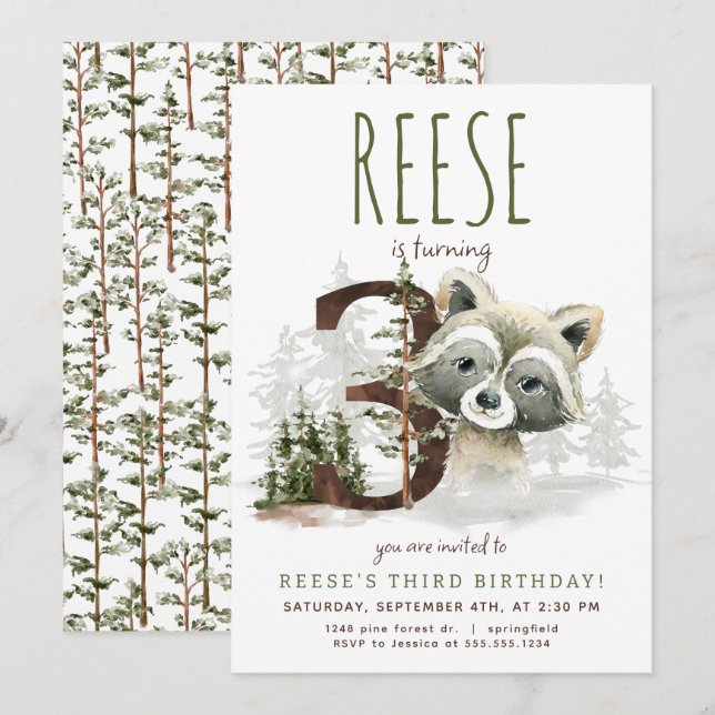 Woodland Racoon Third Birthday Invitation (Front/Back)