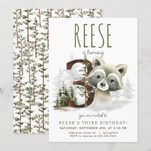 Woodland Racoon Third Birthday Invitation