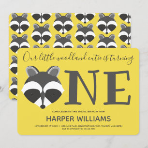 Woodland Racoon Yellow Baby One First Birthday Invitation