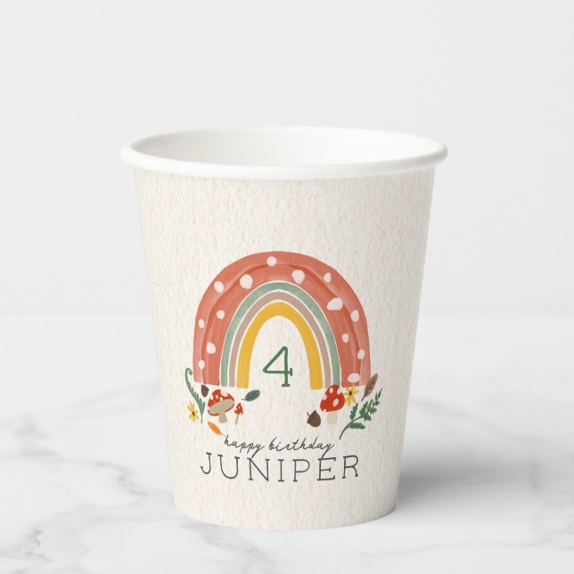 Woodland Rainbow Mushroom Botanical Birthday Party Paper Cups (Front)