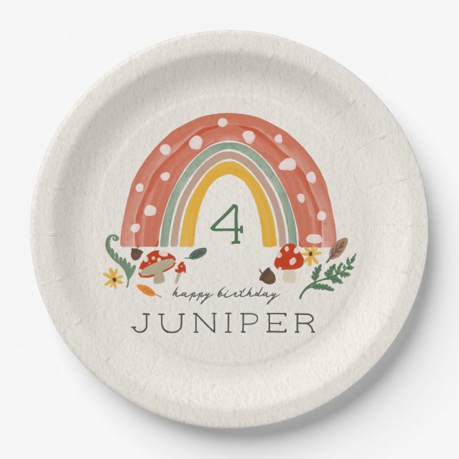 Woodland Rainbow Mushroom Botanical Birthday Party Paper Plate (Front)
