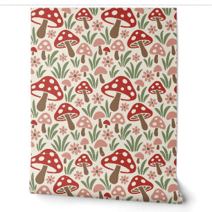 Woodland Red and Sage Toadstool and Daisy Wallpaper
