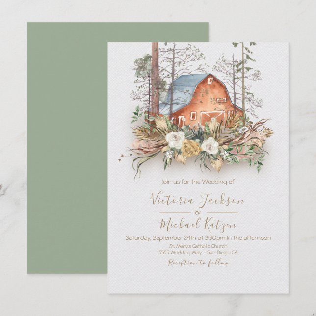 Woodland Red Barn Forest Wedding invitations (Front/Back)