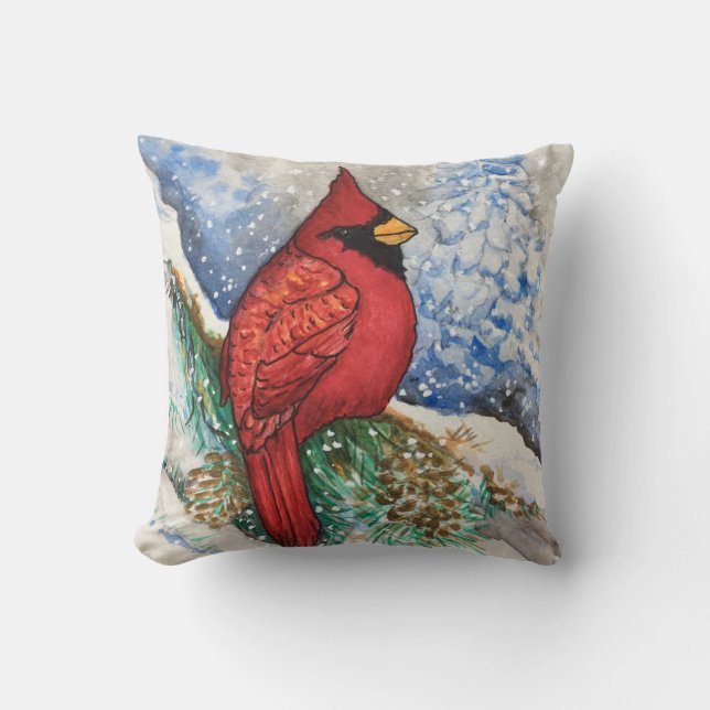 Woodland Red Cardinal Christmas Bird Cushion (Front)
