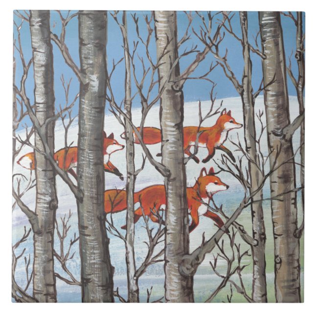 Woodland Red Fox Forest Scene Spring Snow Blue Sky Tile (Front)