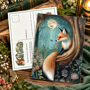 Woodland Red Fox Full Moon Forest Open House Holiday Postcard