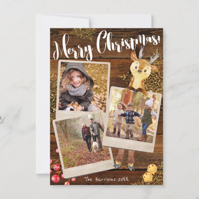Woodland Reindeer | 3-Photo Personalised Christmas Holiday Card (Front)