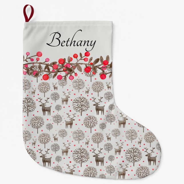 Woodland Reindeer and Berries Smoke White Large Christmas Stocking (Front)