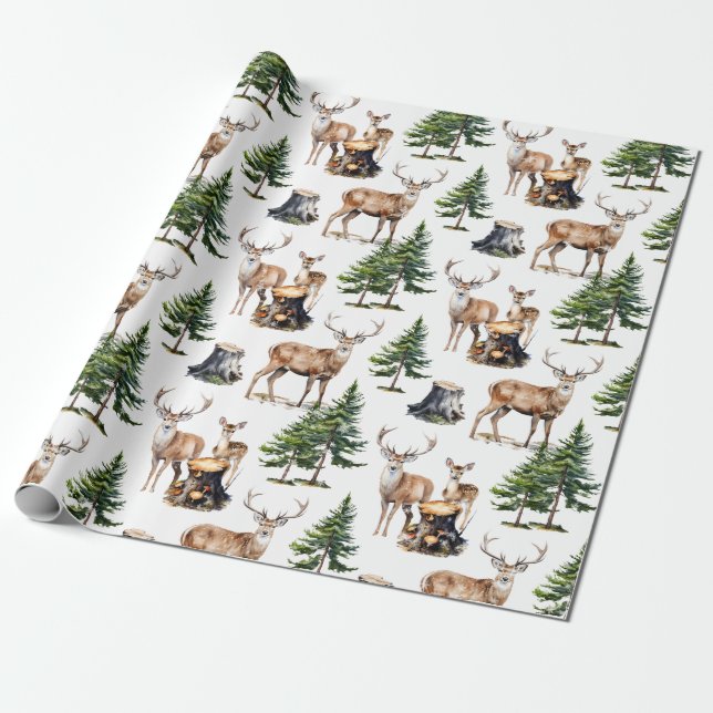 Woodland Reindeer Family Foraging Thru The Forest  Wrapping Paper (Unrolled)