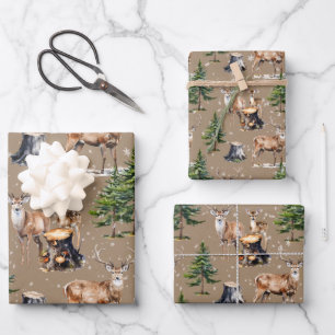 Woodland Reindeer Family Foraging Thru The Forest Wrapping Paper Sheet