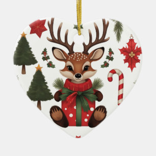 Woodland Reindeer & Fox Ceramic Heart Christmas Tree Decoration