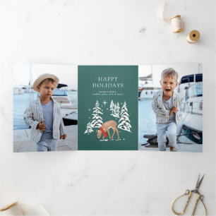 Woodland Reindeer in Winter Tri-Fold Holiday Card