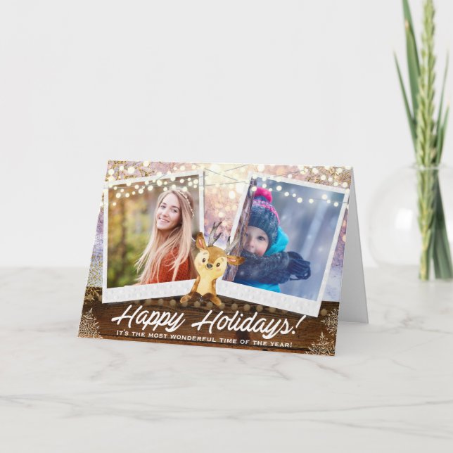 Woodland Reindeer & Lights Two Photo Customisation Holiday Card (Front)