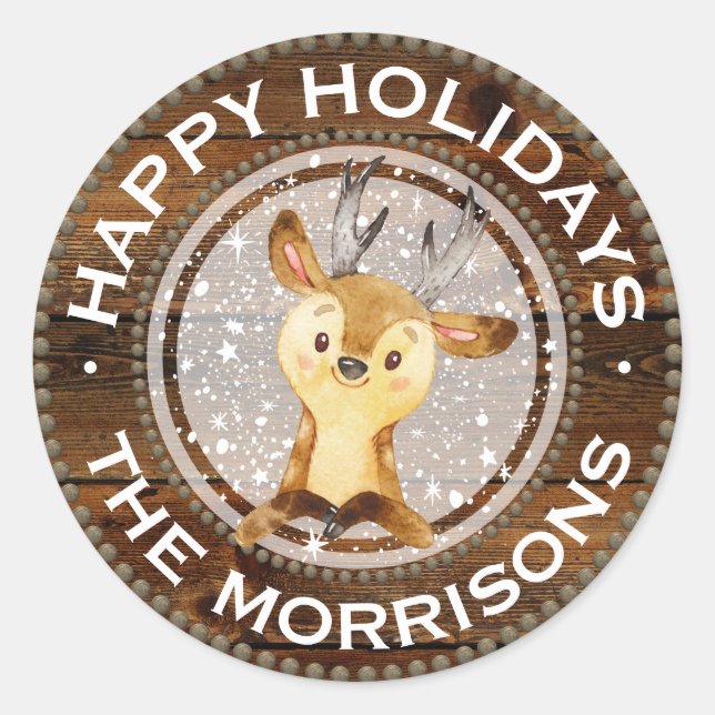 Woodland Reindeer | Rustic Christmas Personalised Classic Round Sticker (Front)