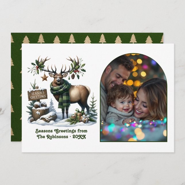 Woodland Reindeer Rustic Forest Christmas Photo Holiday Card (Front/Back)