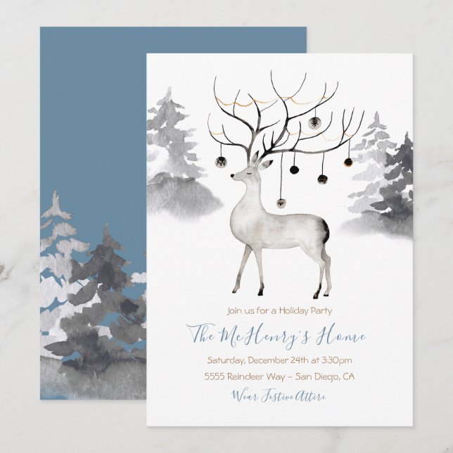 Woodland Reindeer Watercolor Christmas Party Invitation (Front/Back)