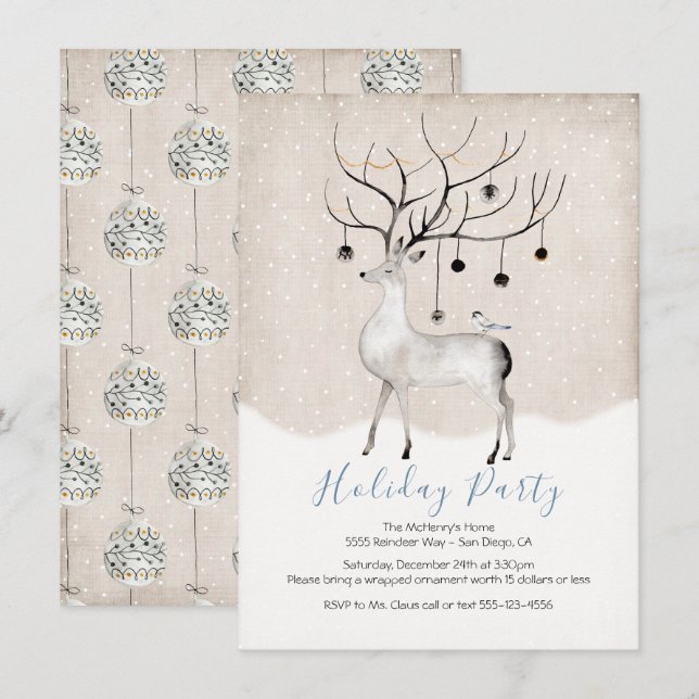 Woodland Reindeer Watercolor Holiday Party Invitation (Front/Back)
