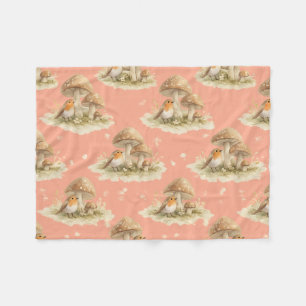 Woodland Robin & Mushroom Watercolor Pattern Fleece Blanket