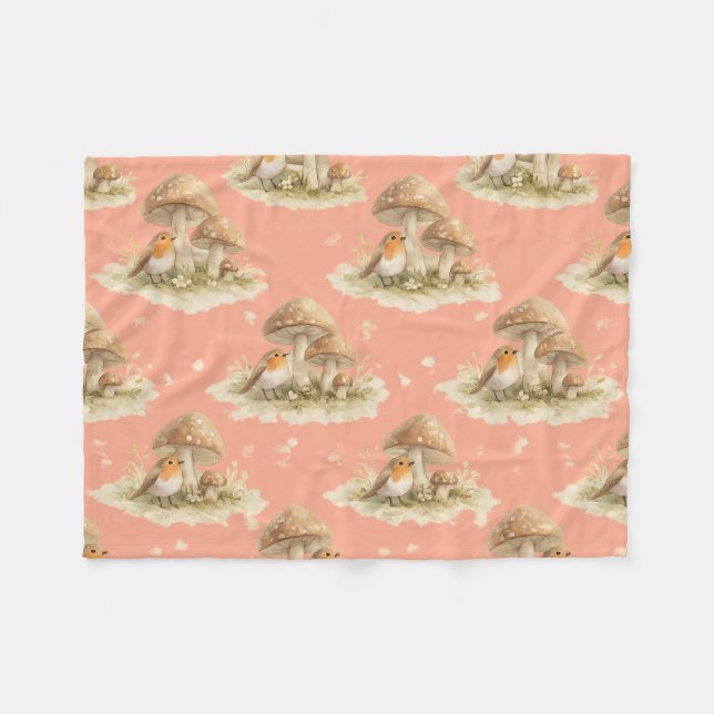 Woodland Robin & Mushroom Watercolor Pattern Fleece Blanket (Front (Horizontal))